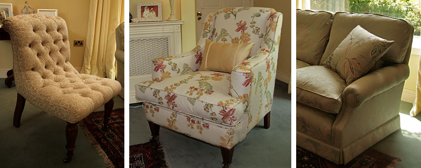 Occasional chair featuring deep
buttoned upholstery; Specially comissioned fireside chair; and three seater sofa