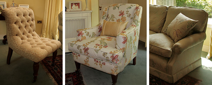 Occasional chair featuring deep
buttoned upholstery; Specially comissioned fireside chair; and three seater sofa